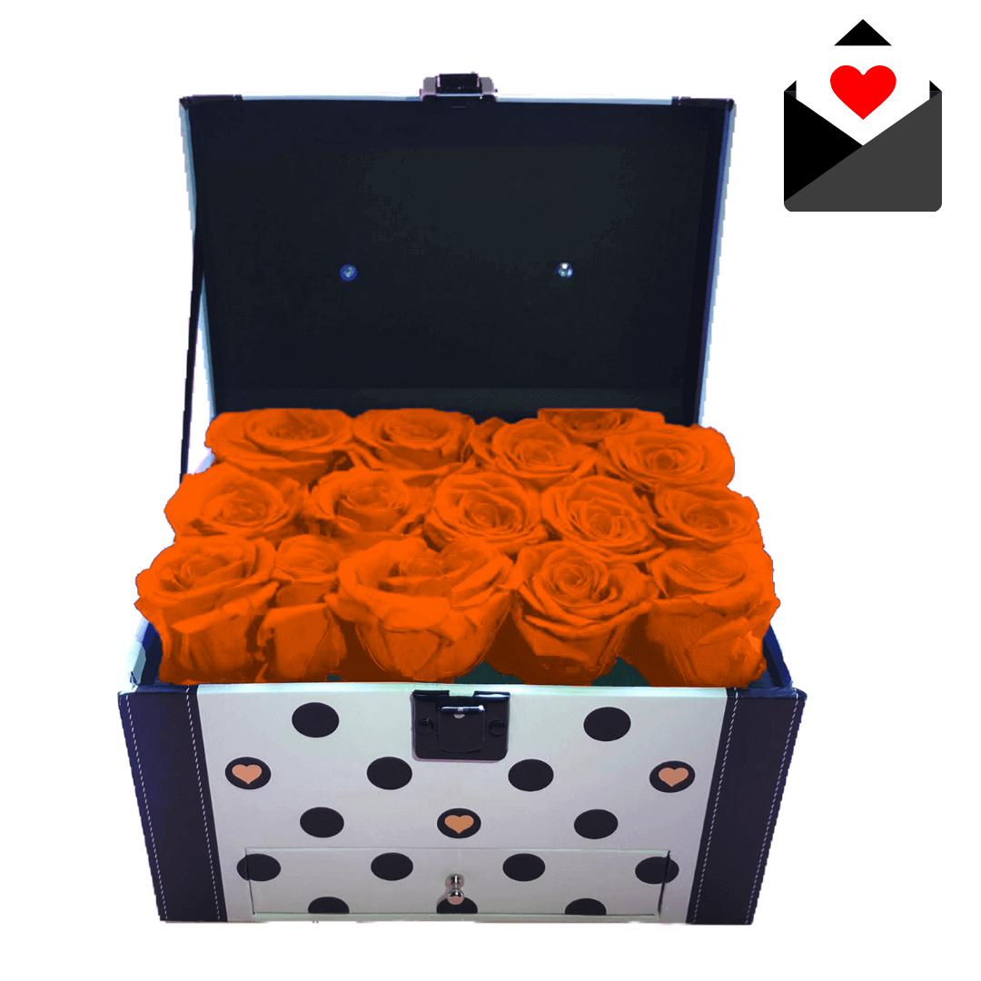 Boite de rose éternelles orange de couleur noir et blanc Boite de rose éternelles orange de couleur noir et blanc