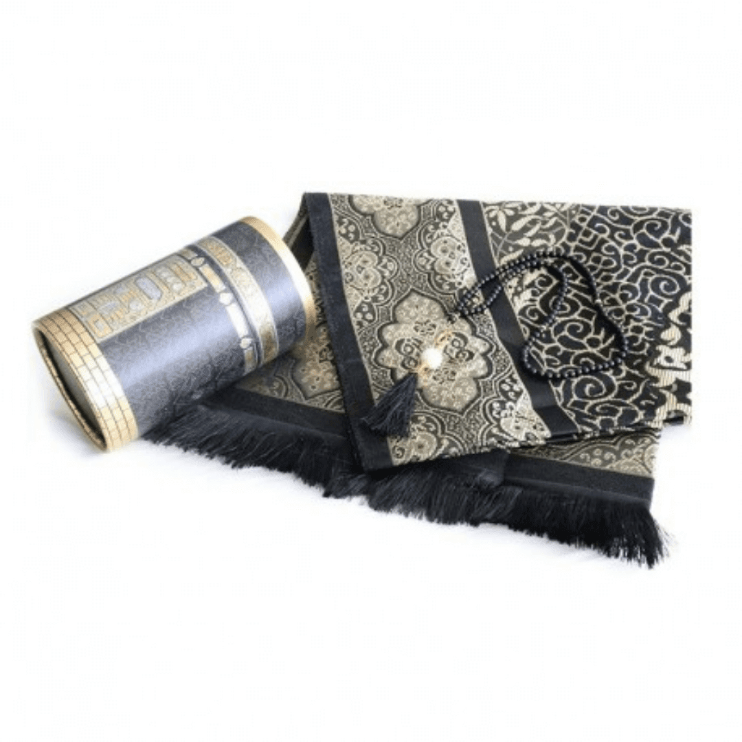 coffret-cadeau-priere-tapis-et-chapelet-de-luxe-boite-ronde-doree-kaaba Coffret tapis de priere