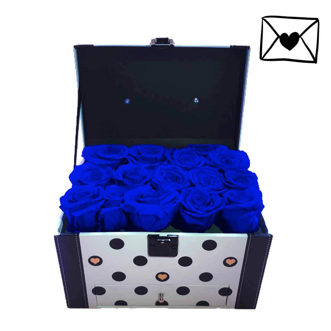 Mallette de fleurs 1 | The Luxury Box Boite de rose éternelles bleu de couleur noir et blanc