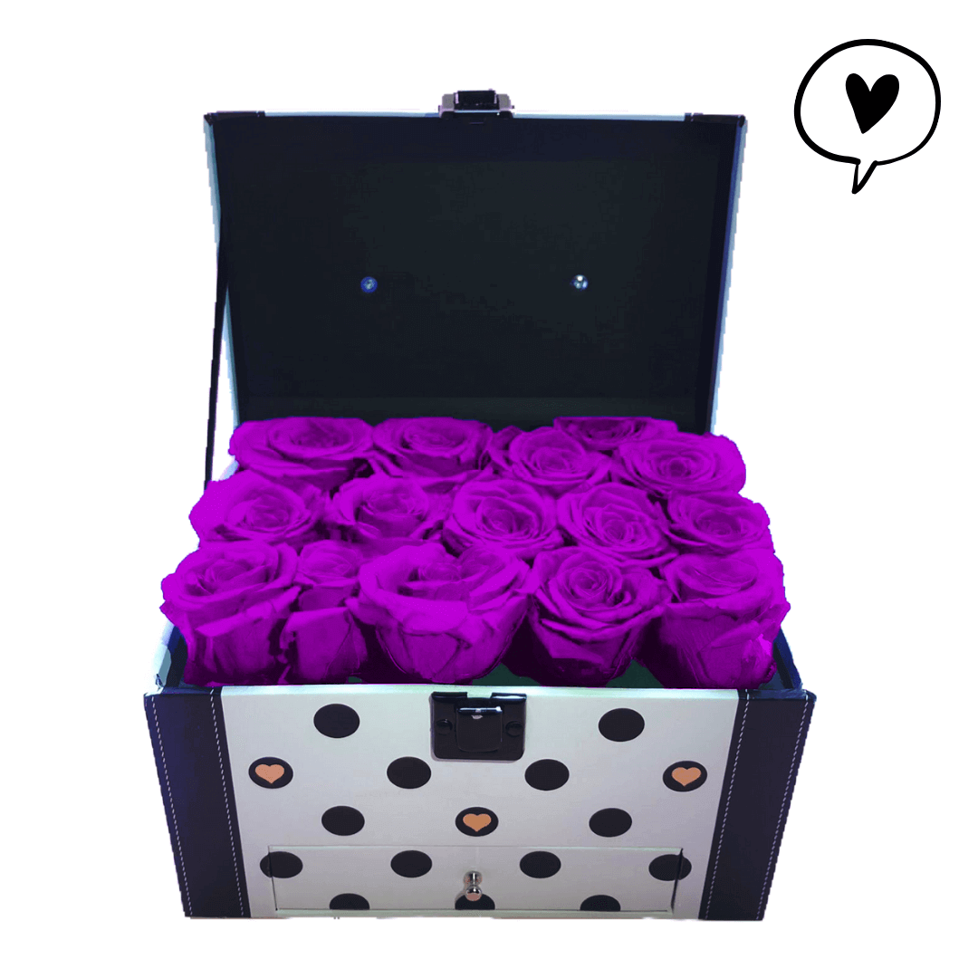 Boite de rose éternelles mauve de couleur noir et blanc Boite de rose éternelles mauve de couleur noir et blanc