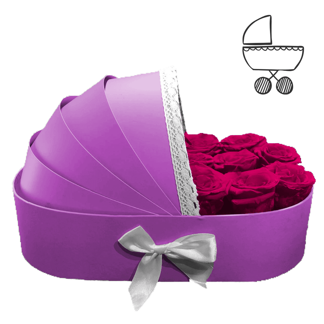 Boite de roses éternelles rose en forme de berceau Boite de roses éternelles rose en forme de berceau