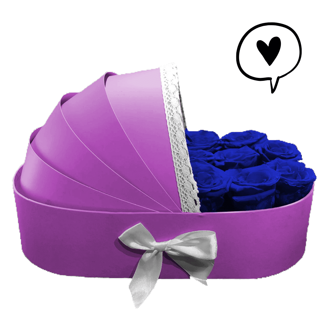 Boite de roses éternelles bleu électrique en forme de berceau Boite de roses éternelles bleu électrique en forme de berceau