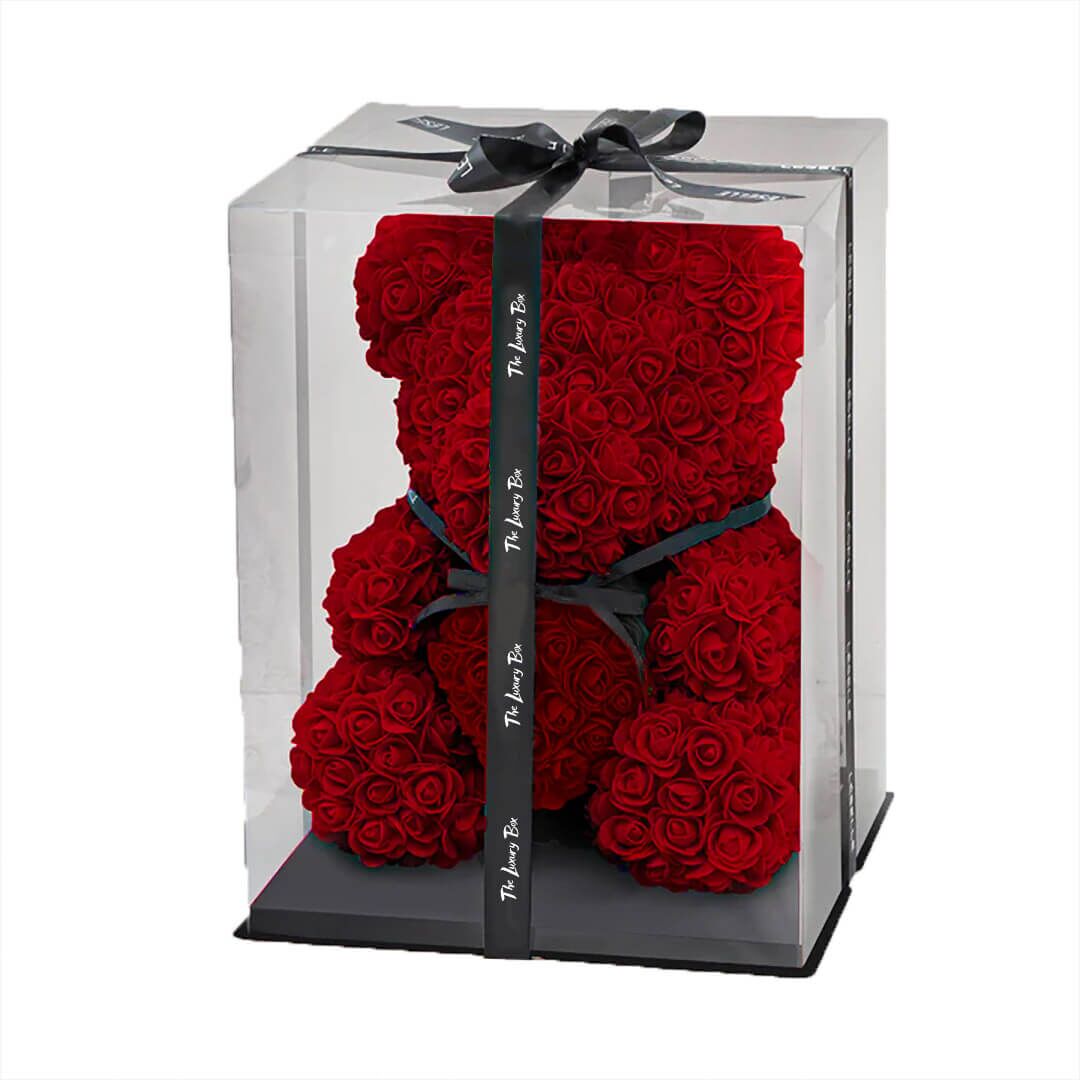 Ours de fleurs rouge avec coffret Ours de fleurs rouge
