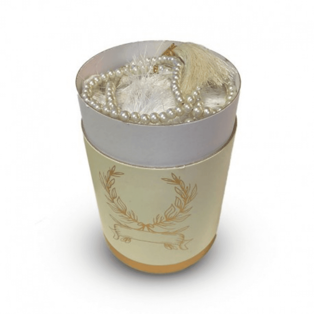 coffret-cadeau-priere-tapis-et-chapelet-de-luxe-boite-ronde-doree-beige (1) Coffret tapis de priere