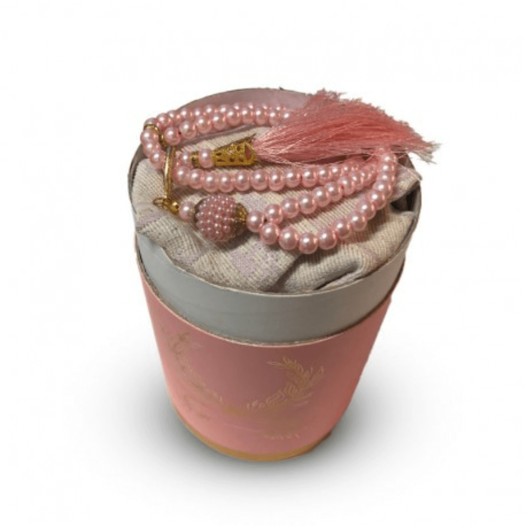 coffret-cadeau-priere-tapis-et-chapelet-de-luxe-boite-ronde-doree-rose (1) Coffret tapis de priere