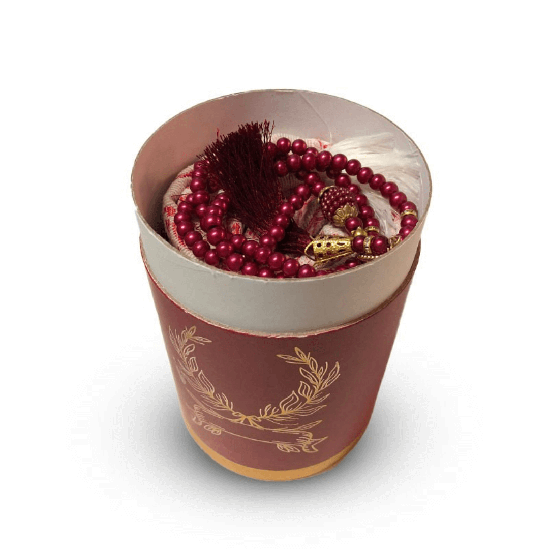coffret-cadeau-priere-tapis-et-chapelet-de-luxe-boite-ronde-doree-rouge (1) Coffret tapis de priere