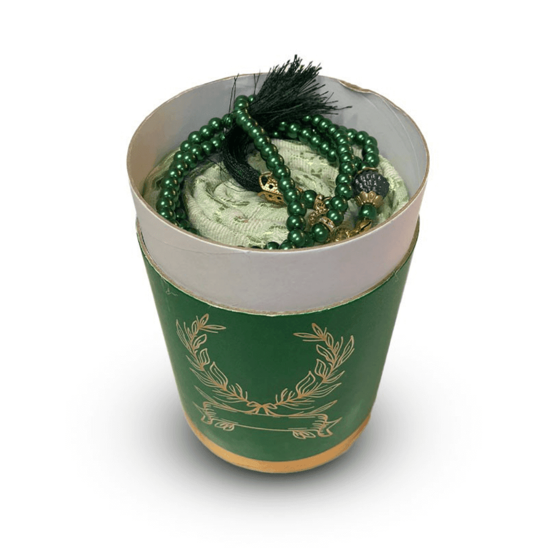 coffret-cadeau-priere-tapis-et-chapelet-de-luxe-boite-ronde-doree-vert (1) Coffret tapis de priere