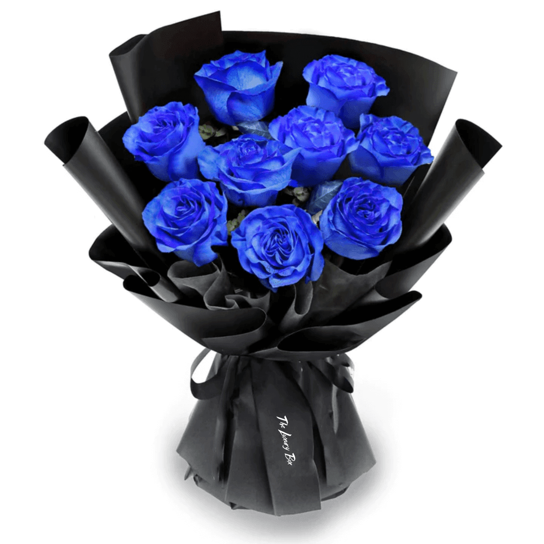 Fresh Flower Bouquet - Royal Blue Roses (Black Wrapper) - 9-11 Roses Bouquet de Roses