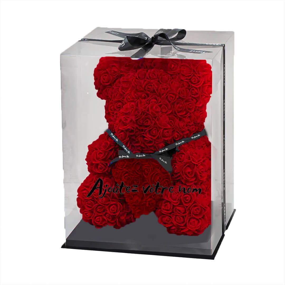 Ours-rouge-avec-coffret-personnalisable-noir Ours de roses rouge avec coffret